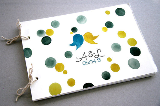 Custom Wedding Guest Book Album with Love Birds, Modern minimalist guestbook album with watercolor painted hardcovers