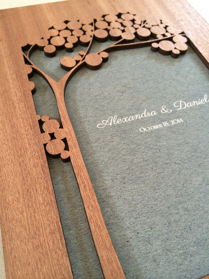 Custom Woodcut Wedding Guest Book Album Branches with Love Birds, Modern abstract minimalist anniversary guestbook with woodcut covers