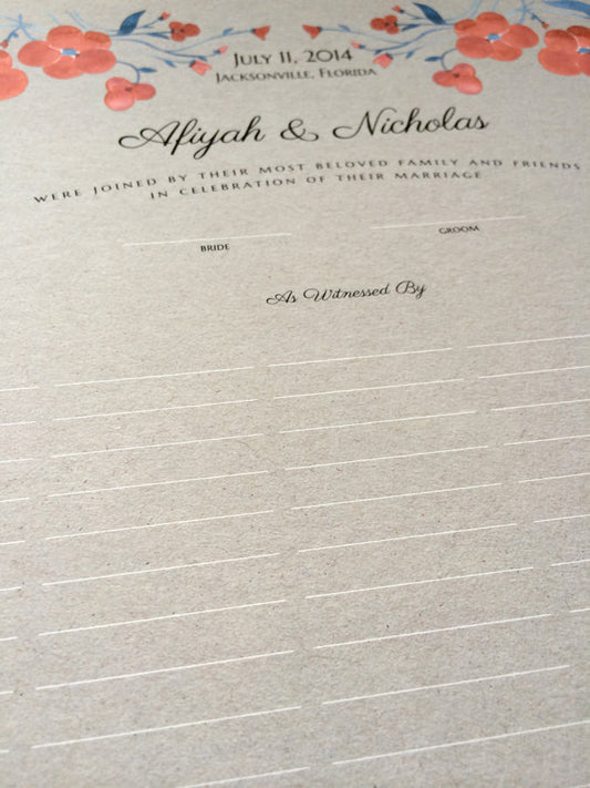 Modern Wedding Quaker Marriage Certificate art print, Wedding Guest Print - Summer Flowers