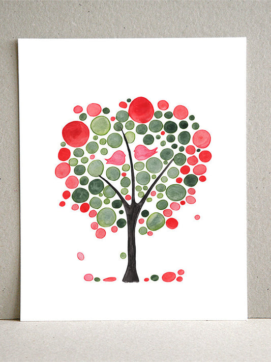 RED GREEN LOVE BIRDS TREE art print