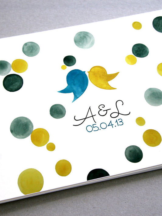 Custom Wedding Guest Book Album with Love Birds, Modern minimalist guestbook album with watercolor painted hardcovers