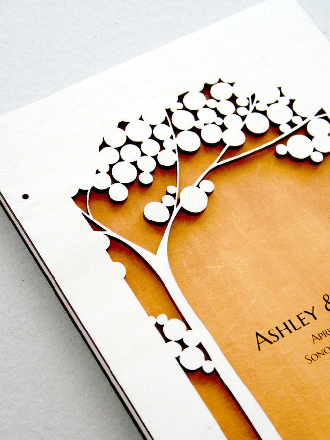Woodcut Wedding Guest Book Album Tree of Life with Love Birds, Modern abstract minimalist anniversary guestbook album with woodcut covers