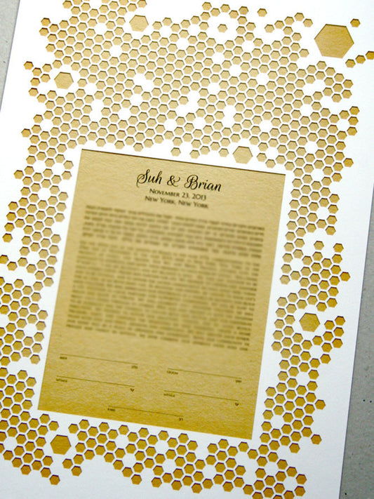 Papercut Ketubah Honeycombs, Modern abstract minimalist Ketubah Print with vintage book background