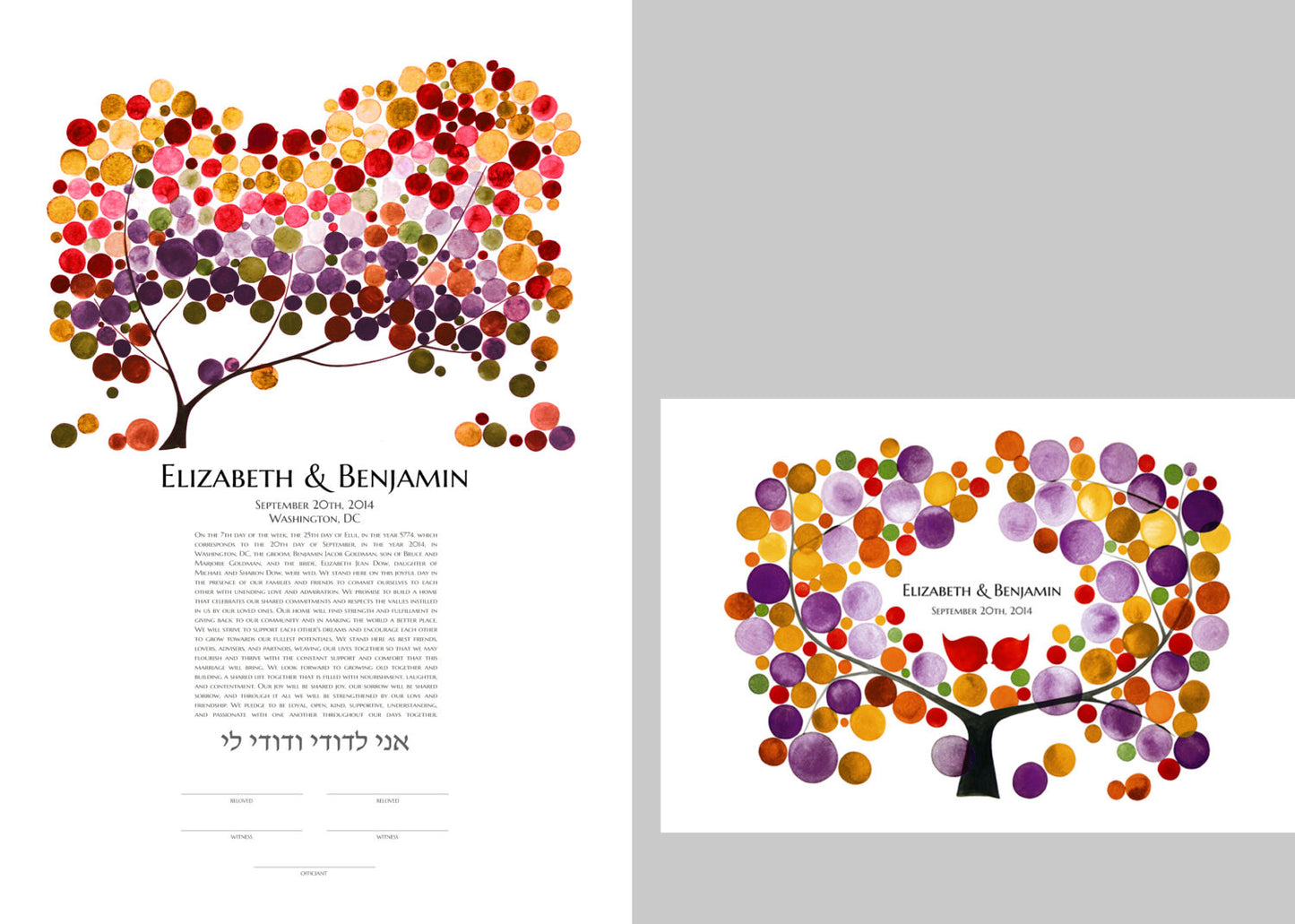 Ketubah and matching Guestbook art Print - Tree of Life Modern Ketubah art Print - Jewish marriage certificate and guestbook - SET